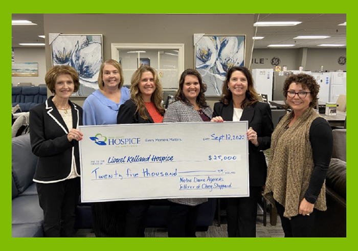 Notre Dame Agencies presenting donation to Lionel Kelland Hospice. (L-R) Golda Sheppard, Jennifer Welsh, Lorna Sargent, Ann Marie Hodder and Tina Belbin with Shelley Woolfrey, Chair, Every Moment Matters Campaign.